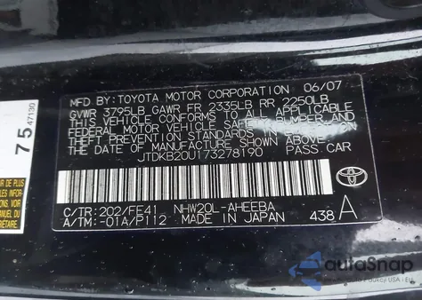 2007 Toyota Prius from USA, damaged, VIN JTDKB20U173278190